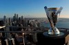 The MLS Cup trophy is displayed on the roof of the Space Needle, Tuesday, Nov. 5, 2019, in Seattle. The Seattle Sounders are scheduled to face Toronto FC on Sunday in the MLS Cup soccer match at CenturyLink Field in Seattle, the third time the two teams have met for the MLS championship. (AP Photo/Ted S. Warren)