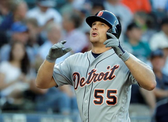 Detroit Tigers' John Hicks reacts as he crosses the plate after hitting a solo home run during the third inning of a baseball game against the Seattle Mariners, Thursday, July 25, 2019, in Seattle. (AP Photo/Ted S. Warren)