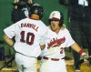 Winnipeg Goldeyes player Josh Romanski reacts after Wes Darvill scores the tying run in the bottom of the ninth inning against the Wichita Wingnuts in Game 4 of the American Association championship series at Shaw Park Monday. (John Woods / Winnipeg Free Press)