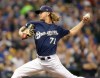 Milwaukee Brewers pitcher Josh Hader pitches to the Chicago Cubs during the seventh inning of a baseball game Sunday, April 7, 2019, in Milwaukee. (AP Photo/Jeffrey Phelps)