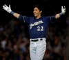 Milwaukee Brewers' Christian Yelich reacts after his winning double off the St. Louis Cardinals during the ninth inning of a baseball game Sunday, March 31, 2019, in Milwaukee. (AP Photo/Jeffrey Phelps)