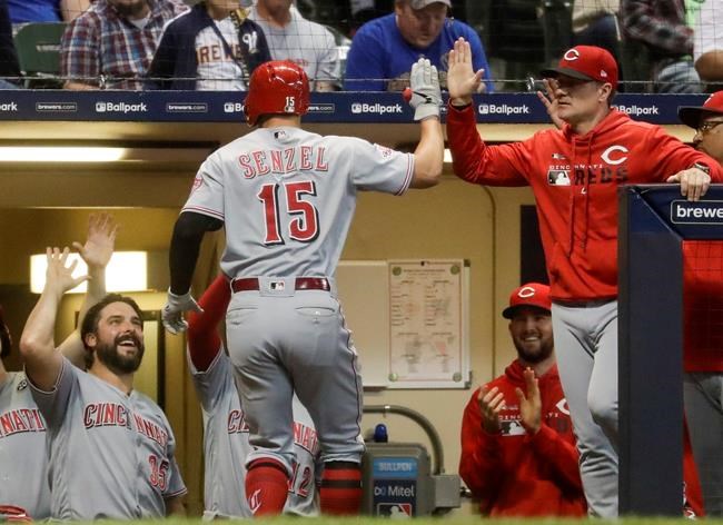 Cincinnati Reds' Nick Senzel is congratulated after hitting a two-run home run during the seventh inning of a baseball game against the Milwaukee Brewers Thursday, June 20, 2019, in Milwaukee. (AP Photo/Morry Gash)