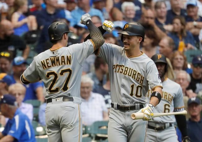 Pittsburgh Pirates' Kevin Newman is congratulated by Bryan Reynolds after hitting a home run during the third inning of a baseball game against the Milwaukee Brewers Friday, June 28, 2019, in Milwaukee. (AP Photo/Morry Gash)