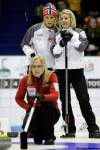 JESPER DALL / THE ASSOCIATED PRESS
Norway’s Linn Githmark and Kritin Skaslien watch as Canadian skip Amber Holland calls for a shot during the world women’s championship in Denmark on Monday.