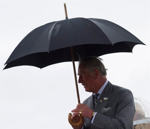 Prince Charles and his wife Camilla, the Duchess of Cornwall, arrive in the rain at a Canadian Forces Base airport in Winnipeg Tuesday May 20, 2014. THE CANADIAN PRESS/David Lipnowski