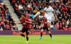 West Ham United's Sebastien Haller attempts a shot on goal against Bournemouth during their English Premier League soccer match at the Vitality Stadium in Bournemouth, England, Saturday, Sept. 28, 2019. (Mark Kerton/PA via AP)
