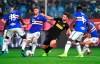 Inter's Roberto Gagliardini, centre, in action against Sampdoria during their Italian Serie A soccer match UC Sampdoria vs FC Inter at the Luigi Ferraris stadium in Genoa, Italy, Saturday Sept. 28, 2019. (Luca Zennaro / ANSA via AP)