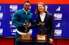 Milwaukee Brewers Josh Hader, right, and New York Yankees Aroldis Chapman pose with their reliever of the year trophies at a news conference before Game 4 of the baseball World Series between the Houston Astros and the Washington Nationals Saturday, Oct. 26, 2019, in Washington. (AP Photo/Patrick Semansky)