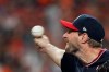 Washington Nationals starting pitcher Max Scherzer throws during the fifth inning of Game 1 of the baseball World Series against the Houston Astros Tuesday, Oct. 22, 2019, in Houston. (AP Photo/David J. Phillip)