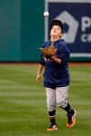 David Chirinos, 12, son of Houston Astros catcher Robinson Chirinos plays catch in the outfield before Game 3 of the baseball World Series against the Washington Nationals Friday, Oct. 25, 2019, in Washington. (AP Photo/Alex Brandon)