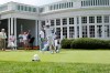 Defending champion Kevin Na tees off on the first hole during the first round of A Military Tribute at The Greenbrier golf tournament in White Sulphur Springs, W.Va, Thursday, Sept. 12, 2019. (Chris Jackson/The Register-Herald via AP)