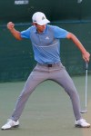 Joaquin Niemann, of Chile, celebrates a birdie putt on the last hole to win the A Military Tribute at The Greenbrier golf tournament in White Sulphur Springs, W.Va., Sunday, Sept. 15, 2019. (AP Photo/Steve Helber)