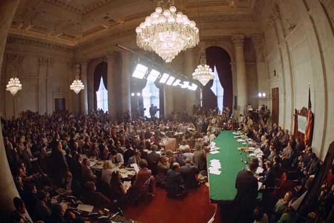 FILE - In this May 18, 1973, file photo, the hearing of the Senate select committee on the Watergate case on Capitol Hill in Washington. In 1973, millions of Americans tuned in to what Variety called