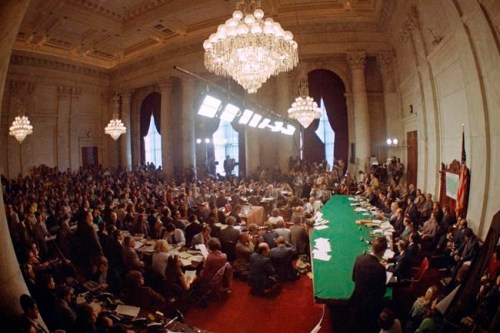 FILE - In this May 18, 1973, file photo, the hearing of the Senate select committee on the Watergate case on Capitol Hill in Washington. In 1973, millions of Americans tuned in to what Variety called 