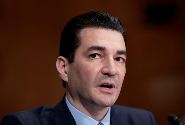 FILE - In this Wednesday, April 5, 2017, file photo, Dr. Scott Gottlieb speaks during his confirmation hearing before a Senate committee, in Washington, as President Donald Trump's nominee to head the Food and Drug Administration. Gottlieb is stepping down after nearly two years leading the agency’s response to a host of public health challenges, including the opioid epidemic, rising drug prices and underage vaping. (AP Photo/J. Scott Applewhite, File)
