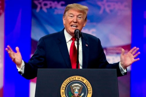 FILE - In this March 2, 2019, photo, President Donald Trump speaks at Conservative Political Action Conference in Oxon Hill, Md. Trump‚Äôs proposed executive order to protect free speech on college campuses follows a growing chorus of complaints from members of Congress and others that the nation‚Äôs universities are attempting to silence conservative voices by heckling, disinviting and otherwise discouraging their presence. (AP Photo/Jose Luis Magana)
