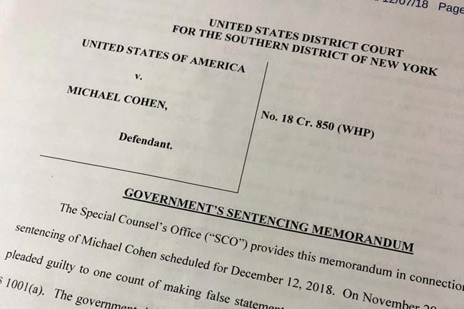 A portion of a court filing by prosecutors from the special counsel's office released Friday, Dec. 7, 2018, laid out for the first time details of Cohen's cooperation with investigators and took positions on the punishment he should face. (AP Photo/Wayne Partlow)