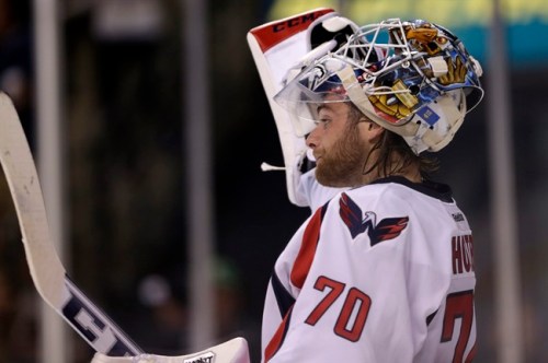 FILE - In this Sept. 23, 2013 file photo, Washington Capitals goalie Braden Holtby (70) awaits the start of the second period of an NHL hockey game in Boston. Alex Ovechkin is back to MVP form. Adam Oates has a full season of head coaching under his belt. And the Washington Capitals hope it all adds up to a lengthier playoff run than the franchise is used to. (AP Photo/Charles Krupa, File)