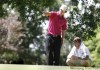 RUTH.BONNEVILLE@FREEPRESS.MB.CA
Scott Loewen lines  up his shot with the help of his caddy Monday morning during qualifying round for the Players Cup which begins Thursday at Pine Ridge Golf Club.