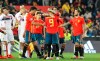 Spain's Sergio Ramos, third from right, celebrates with his teammate Rodrigo after winning the Euro 2020 group F qualifying soccer match between Spain and Norway at the Mestalla stadium in Valencia, Spain, Saturday, March 23, 2019. (AP Photo/Alberto Saiz)