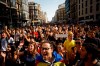 Protestors crowd a street in Barcelona, Spain, Monday, Oct. 14, 2019. Spain's Supreme Court on Monday convicted 12 former Catalan politicians and activists for their roles in a secession bid in 2017, a ruling that immediately inflamed independence supporters in the wealthy northeastern region. (AP Photo/Emilio Morenatti)
