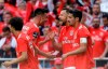 Benfica's Haris Seferovic, 2nd right, celebrates after scoring the opening goal during a Portuguese league last round soccer match between Benfica and Santa Clara at the Luz stadium in Lisbon, Saturday, May 18, 2019. (AP Photo/Armando Franca)