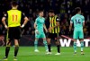 Watford's Troy Deeney, 2nd right, leaves the pitch after being shown a red card during the English Premier League soccer match between Watford and Arsenal at Vicarage Road stadium in Watford, England, Monday, April 15, 2019. (AP Photo/Matt Dunham)
