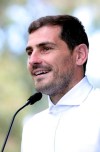 Spanish goalkeeper Iker Casillas talks to journalists outside a hospital in Porto, Portugal, Monday, May 6, 2019. Veteran goalkeeper Iker Casillas had a heart attack during a training session with his Portuguese club FC Porto and was hospitalized May 1. (AP Photo/Luis Vieira)