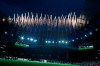Fireworks explode above the stadium as the teams stand on the pitch before the start of the English Premier League soccer match between Tottenham Hotspur and Crystal Palace, the first Premiership match at the new Tottenham Hotspur stadium in London, Wednesday, April 3, 2019. (AP Photo/Kirsty Wigglesworth)