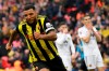 Watford's Troy Deeney celebrates after scoring his side's second goal during the English FA Cup semifinal soccer match between Watford and Wolverhampton Wanderers at Wembley Stadium in London, Sunday, April 7, 2019. (AP Photo/Tim Ireland)