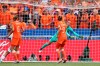 Netherlands goalkeeper Sari Van Veenendaal, right, makes a save during the Women's World Cup final soccer match between US and The Netherlands at the Stade de Lyon in Decines, outside Lyon, France, Sunday, July 7, 2019. (AP Photo/Francisco Seco)