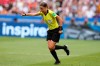 Referee Stephanie Frappart points to the penalty spot after checking the VAR during the Women's World Cup final soccer match between US and The Netherlands at the Stade de Lyon in Decines, outside Lyon, France, Sunday, July 7, 2019. (AP Photo/Francisco Seco)