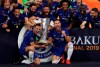 Chelsea players celebrate with the trophy after winning the Europa League Final soccer match between Chelsea and Arsenal at the Olympic stadium in Baku, Azerbaijan, Thursday, May 30, 2019. Chelsea won 4-1. (AP Photo/Darko Bandic)
