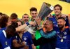 Chelsea head coach Maurizio Sarri lifts the trophy after winning the Europa League Final soccer match between Chelsea and Arsenal at the Olympic stadium in Baku, Azerbaijan, Thursday, May 30, 2019. Chelsea won 4-1. (AP Photo/Darko Bandic)