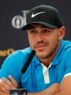Brooks Koepka of the United States speaks at a press conference ahead of the start of the British Open golf championships at Royal Port Rush in Northern Ireland, Tuesday, July 16, 2019. The British Open starts Thursday. (AP Photo/Matt Dunham)