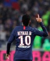 PSG's Neymar celebrates after scoring the opening goal of the game during the French League 1 soccer match between Lyon and Paris SG, at the Stade de Lyon in Decines, outside Lyon, France, Sunday, Sept. 22, 2019. (AP Photo/Laurent Cipriani)