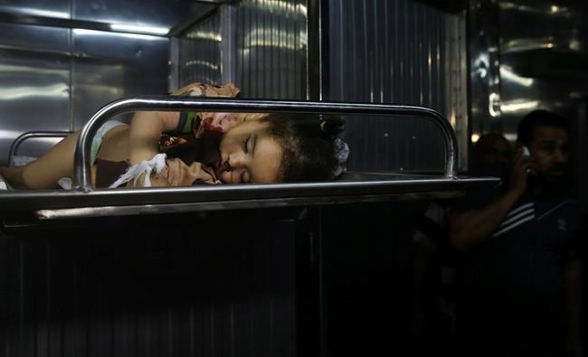 EDS NOTE: GRAPHIC CONTENT - The body of Seba Abu Arar, 14-month-old, lies at the morgue of Shifa hospital in Gaza City, Saturday, May 4, 2019. Gaza's Health Ministry says the Palestinian infant was killed when Israeli airstrike hit near their house. Abu Arar died immediately Saturday and her pregnant mother was seriously wounded, the ministry added. Another child was moderately injured. (AP Photo/Adel Hana)