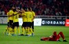 Malaysia's soccer team celebrate after beat Indonesia during their World Cup Group G Asia qualifying match at Gelora Bung Karno Stadium in Jakarta, Indonesia, Thursday, Sept. 5, 2019. (AP Photo/Achmad Ibrahim)