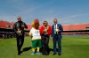 Brazilian singer Leo Santana, left, and Colombian singer Karol G, second right, artists that will perform at the opening ceremony of the Copa America on Friday, pose for pictures with the tournament's mascot Zizito and Brazilian former soccer player Cafu, right, at the Morumbi stadium n Sao Paulo, Brazil, Wednesday, June 12, 2019. The Copa America soccer tournament will run from June 14 until July 7 in Brazil. (AP Photo/Andre Penner)