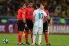 Argentina's Lionel Messi complains with referee Roddy Zambrano, center, during a Copa America semifinal soccer match at the Mineirao stadium in Belo Horizonte, Brazil, Tuesday, July 2, 2019. (AP Photo/Ricardo Mazalan)