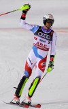 Switzerland's Ramon Zenhaeusern reacts in the finish area during the team event, at the alpine ski World Championships in Are, Sweden, Tuesday, Feb. 12, 2019. (AP Photo/Alessandro Trovati)