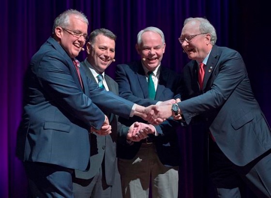NDP Leader Joe Byrne, , left to right, Progressive Conservative Leader Dennis King, Green Leader Peter Bevan-Baker and Liberal Leader Wade MacLauchlan pose for a photo at the provincial leaders debate at the Harbourfront Theatre in Summerside, P.E.I. on Tuesday, April 16, 2019. THE CANADIAN PRESS/Andrew Vaughan