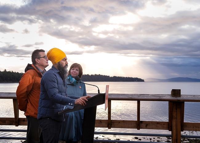 NDP Leader Jagmeet Singh makes a campaign stop with Bob Chamberlin, left, candidate for Nanaimo-Ladysmith and Sheila Malcolmson, MLA for Nanaimo, in Ladysmith, B.C., on Friday, Sept. 27, 2019. THE CANADIAN PRESS/Andrew Vaughan