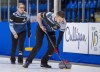 Brett Gallant, right, and Jocelyn Peterman move arock as they play the John Morris rink at the Canadian mixed doubles curling championships at Willie O'Ree Place in Fredericton, N.B., on Saturday, March 23, 2019. THE CANADIAN PRESS/Andrew Vaughan