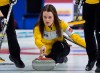 Manitoba skip Tracy Fleury releases a rock as they play Ontario at the Scotties Tournament of Hearts at Centre 200 in Sydney, N.S. on Tuesday, Feb. 19, 2019. THE CANADIAN PRESS/Andrew Vaughan