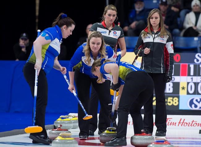 Ontario third Emma Miskew and skip Rachel Homan, right, look on as Alberta second Dana Ferguson, skip Chelsea Carey and lead Rachel Brown, left to right, move a stone in the house in finals action at the Scotties Tournament of Hearts at Centre 200 in Sydney, N.S. on Sunday, Feb. 24, 2019. THE CANADIAN PRESS/Andrew Vaughan