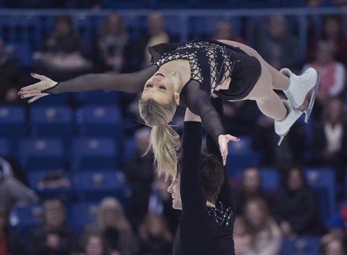 Kirsten Moore-Towers and Michael Marinaro skate the senior pair free competition at the 2019 National Skating Championships at Harbour Station in Saint John, N.B. on Saturday, Jan. 19, 2019. Some of Canada's top figure skaters were stranded in New Brunswick by weather this week, scrambling to find a way home and suffering some less-than-graceful routines on the ice- and rain-covered streets of Saint John. THE CANADIAN PRESS/Andrew Vaughan