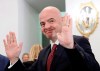 FIFA President Gianni Infantino gestures as he arrives to attend an awarding ceremony in the Kremlin in Moscow, Russia, Thursday, May 23, 2019. (Evgenia Novozhenina/Pool Photo via AP)