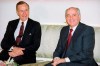 FILE - In this file photo taken on Tuesday, Oct. 29, 1991, U.S. President George H. Bush, left, and Soviet President Mikhail Gorbachev sit together at the Soviet Embassy after meeting in Madrid, Spain. Former Soviet premier Mikhail Gorbachev expressed his 