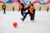 Pavel Mamaev, foreground right, challenges for the ball during a soccer game at a pre-trial detention facility in Moscow, Russia, Thursday, Feb. 14, 2019. Mamaev probably never expected his highest-scoring game this season to be behind bars. The Russia national soccer team player, in custody awaiting trial over alleged assaults, scored seven goals in a six-a-side game Thursday to mark Valentine's Day at a pre-trial detention facility in Moscow. (Timofey Vasilyev, Moscow News Agency photo via AP)